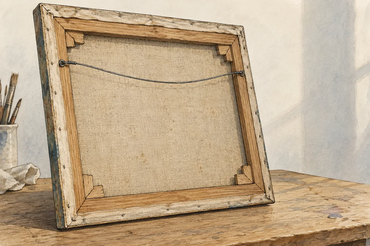 Editorial illustration of the back of a framed canvas with stretcher bars and hanging wire.