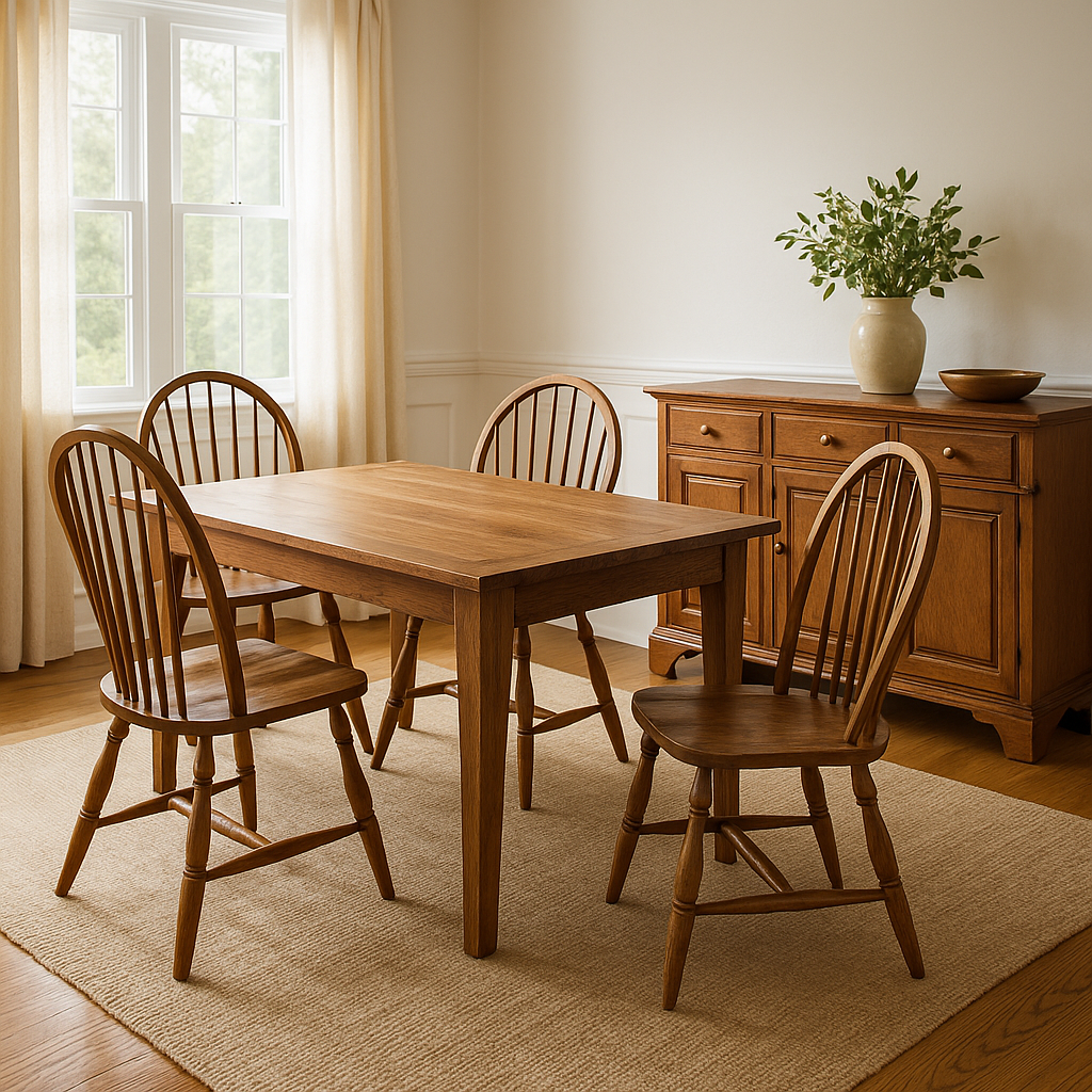 Reproduction Colonial solid wood furniture appraisal scene with joinery and finish inspection details