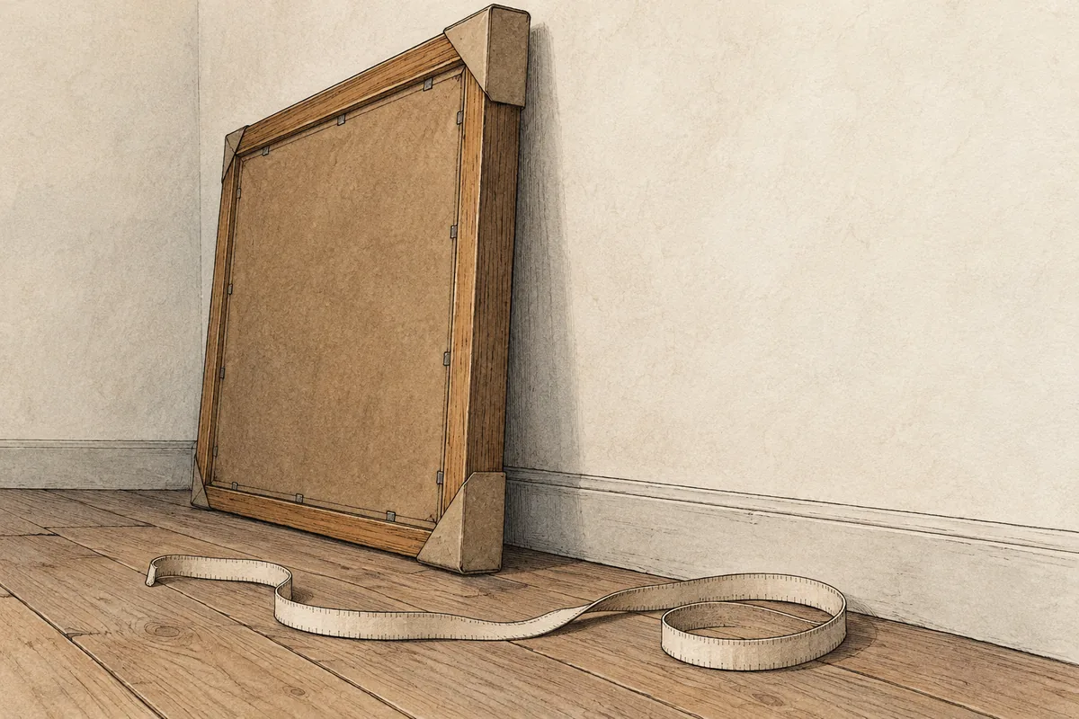 Editorial illustration of a framed canvas back with corner guards and a measuring tape.