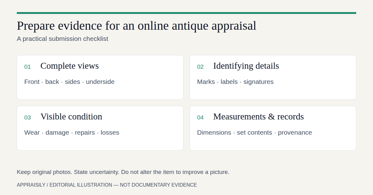 Four evidence groups to prepare: complete object views, readable marks, condition details, and measurements with documents
