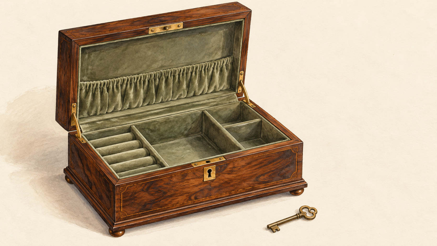Editorial illustration of an open wooden jewelry box with fitted compartments and a small key