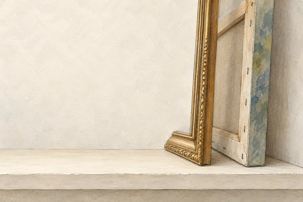 Editorial illustration of a gilt frame edge and reverse canvas viewed in profile.