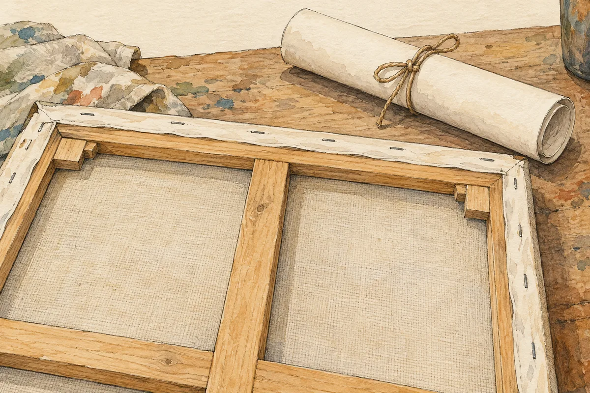Editorial illustration of a canvas back with stretcher bars beside a blank tied paper roll.