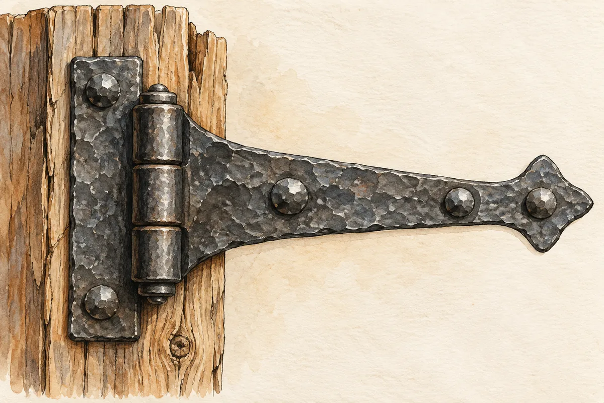 Editorial illustration of a hand-forged iron hinge with peened rivets.
