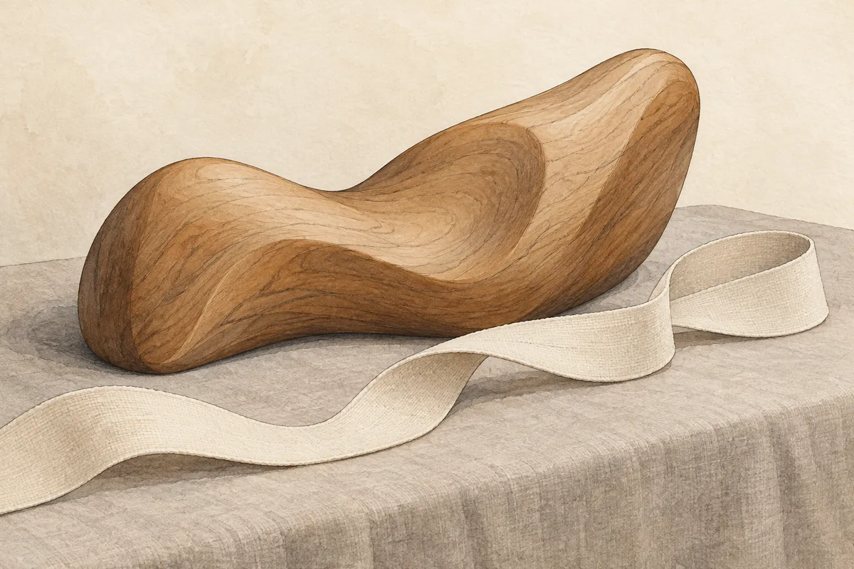 Editorial illustration of a smooth generic wooden carving on a padded table beside a blank ribbon.