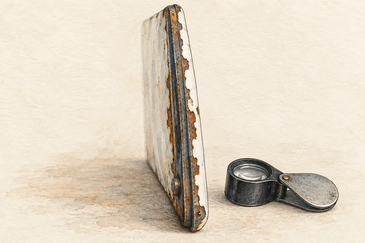 Editorial illustration of an unmarked enamel sign edge and magnifying loupe.