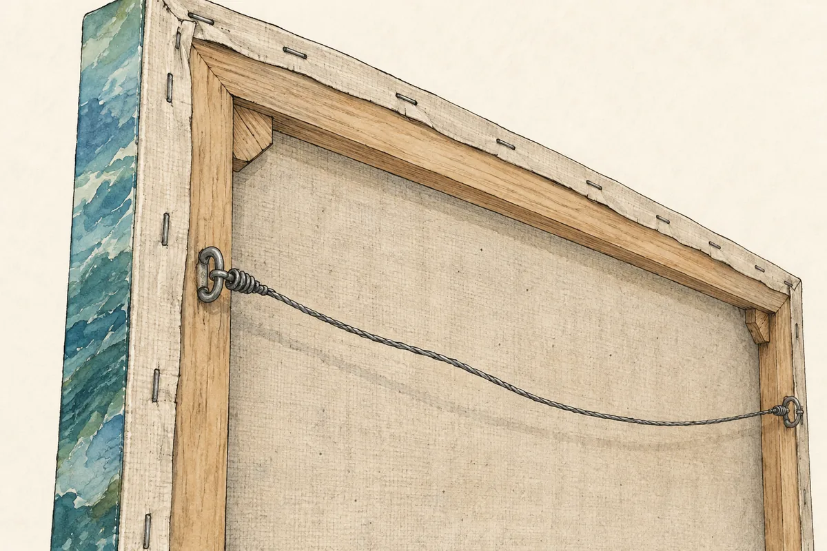 Editorial illustration of the reverse of a canvas with a hanging wire and faint blue-green edge.