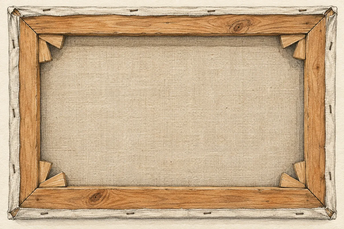 Editorial illustration of an unmarked canvas reverse and wood stretcher.