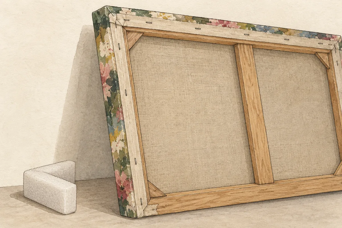 Editorial illustration of a canvas reverse with abstract floral-colour edge and corner protector.