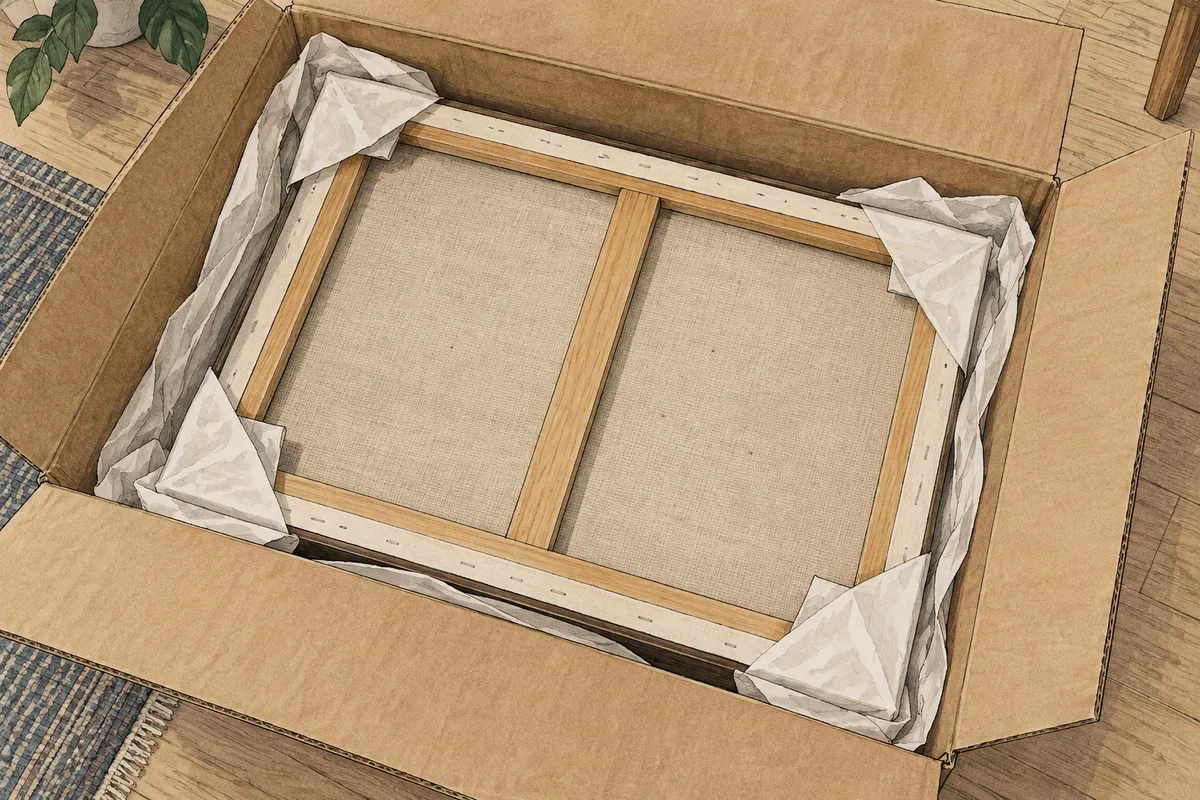 Editorial illustration of a blank-backed framed canvas packed in a plain shipping crate.