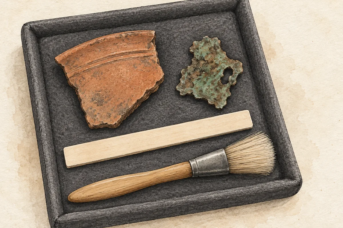 Editorial illustration of a pottery sherd and corroded metal fragment on a padded identification tray.