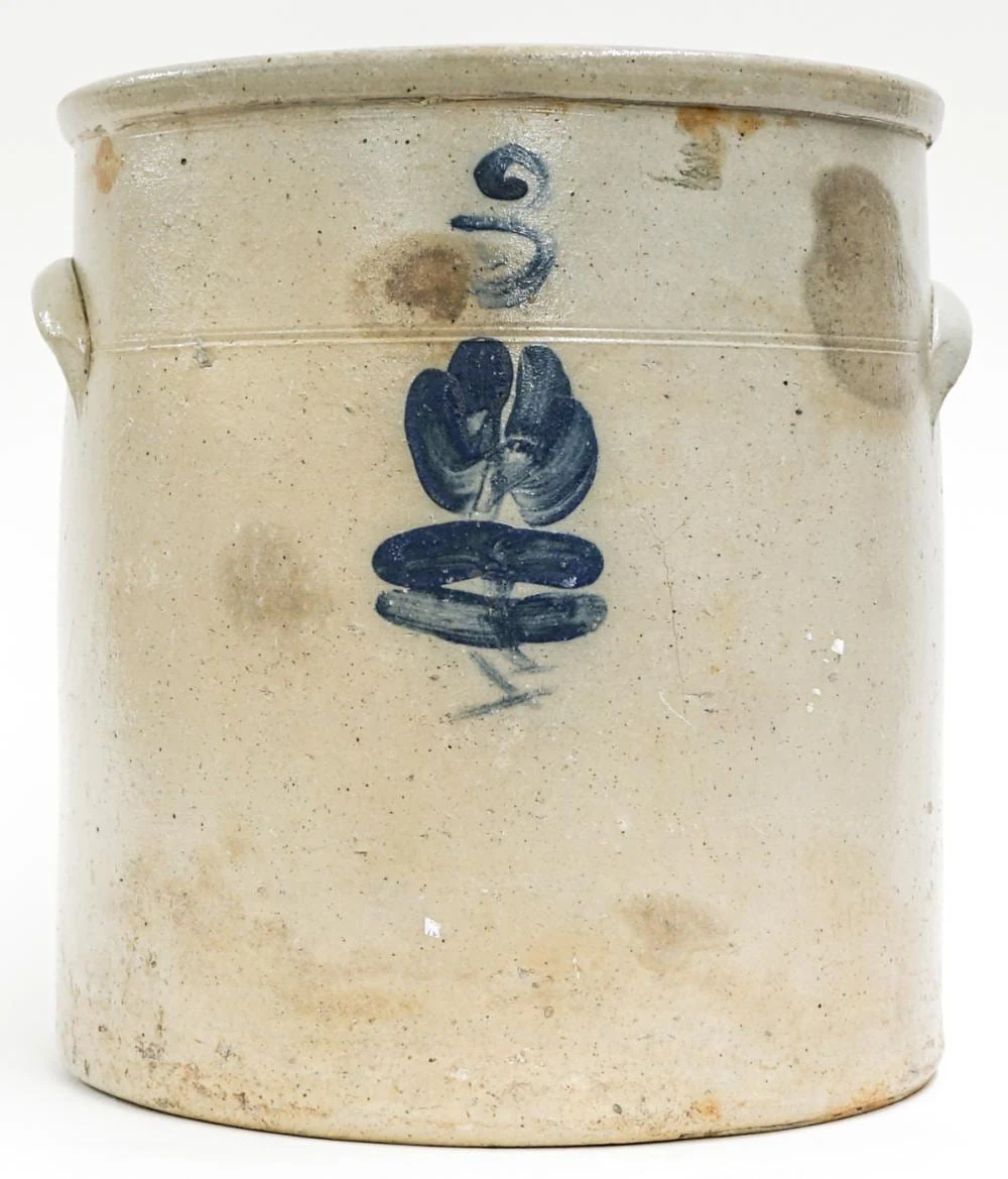 Salt-glazed stoneware crock with lug handles, a blue number 3 and cobalt floral decoration