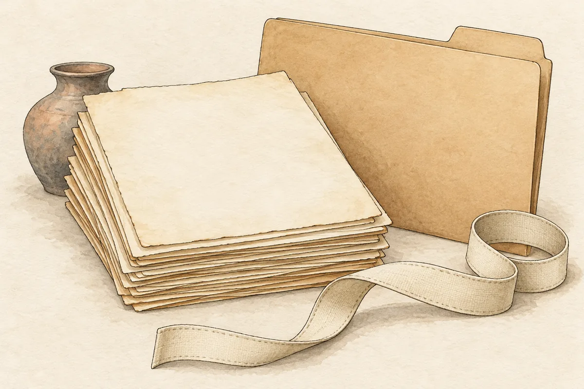 Editorial illustration of blank aged report papers, an unmarked folder, a plain tape measure, and pottery.