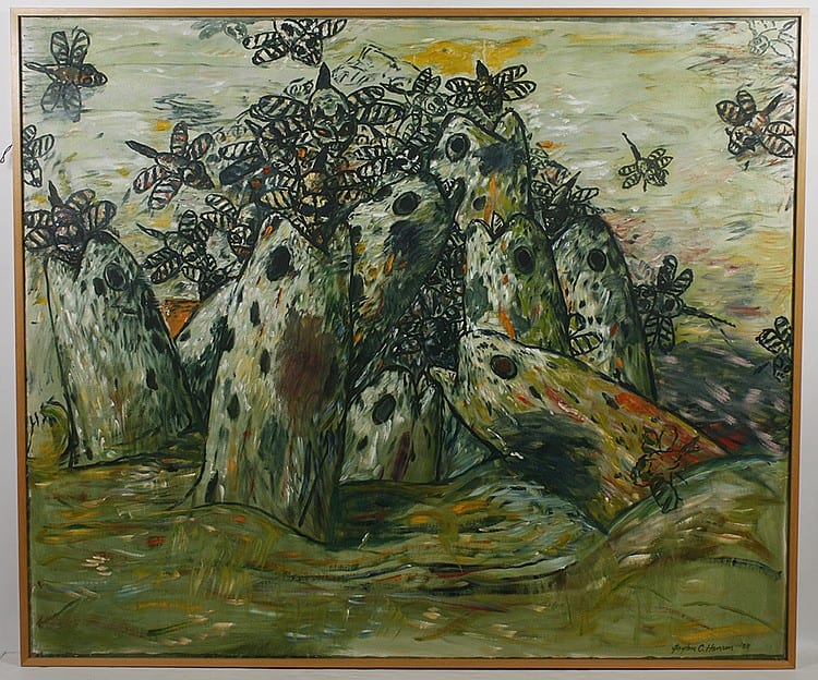 GAYLEN HANSEN (1921, WA) OIL ON CANVAS - Signed painting, on lower right, titled “September Hatch” and depicting trout and insect... sold by Pacific Galleries, lot 100 — auction record photograph