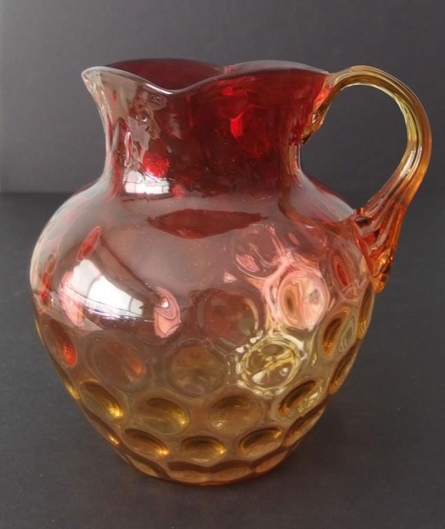 VICTORIAN AMBERINA THUMBPRINT ART GLASS PITCHER sold by Midnight Sun Antique Auction, lot 30 — auction record photograph