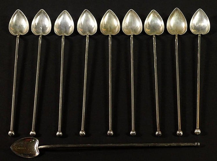 Ten (10) Wallace Sterling Silver Iced Tea, Mint Julep, Sipping Straw Heart Shaped Spoons with Ball End. Each Measures 9 Inches Long. Very Good Condition for Eleven Pieces Ball missing on One. Weight 3.98 Troy Ounces. Shipping $32.00 (estimate $50 - sold by Kodner Galleries, lot 290 — auction record photograph