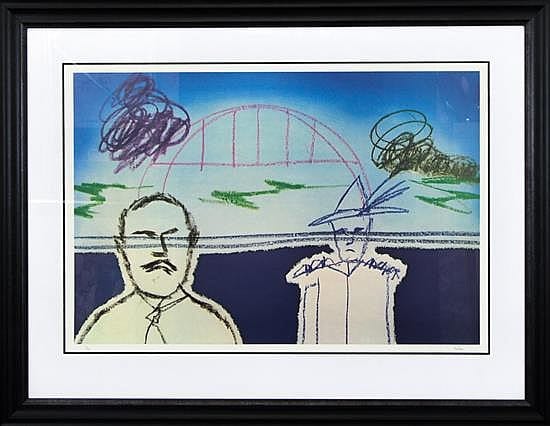 Framed abstract artwork showing two figures before a bridge-like structure.