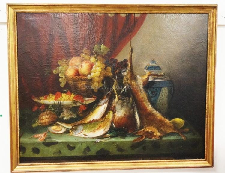 AUGUSTE GUILLAUMOT OIL PAINTING ON CANVAS FRANCE 1815-1892. STILL LIFE OF GAME & FRUIT INCLUDING RABBIT, FISH, CRUSTACEANS & A WASP CRAWLING ON THE EDGE OF THE TABLE. SIGNED LOWER RIGHT. RELINED. 35 1/2 X 28 INCHES. sold by Dennis Auction Service, lot 1283 — auction record photograph