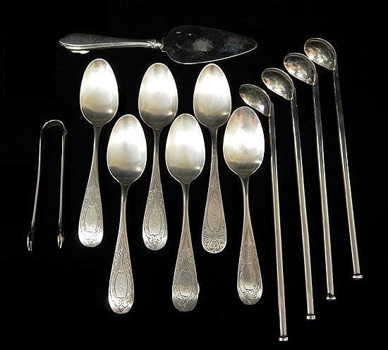 STERLING & COIN SILVER: Twelve pieces of assorted flatware, one weighted: four iced tea spoons, marked sterling, 1.83 ozt; sugar ton... sold by Winter Associates, Inc., lot 54 — auction record photograph