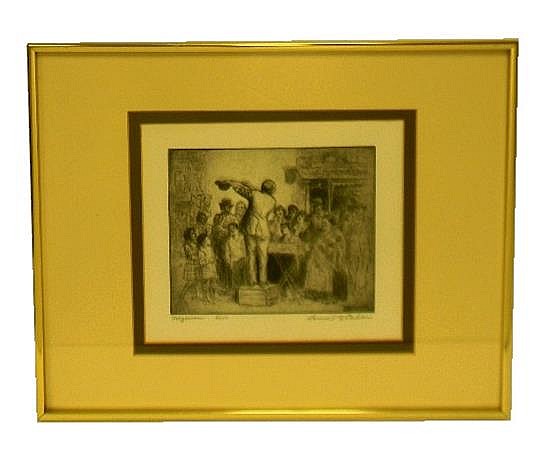 Samuel George Cahan comparable auction result: samuel george cahan russian american 1886 1974 magician 1928 ed 6 150 etching depicting street performer standing on uptur