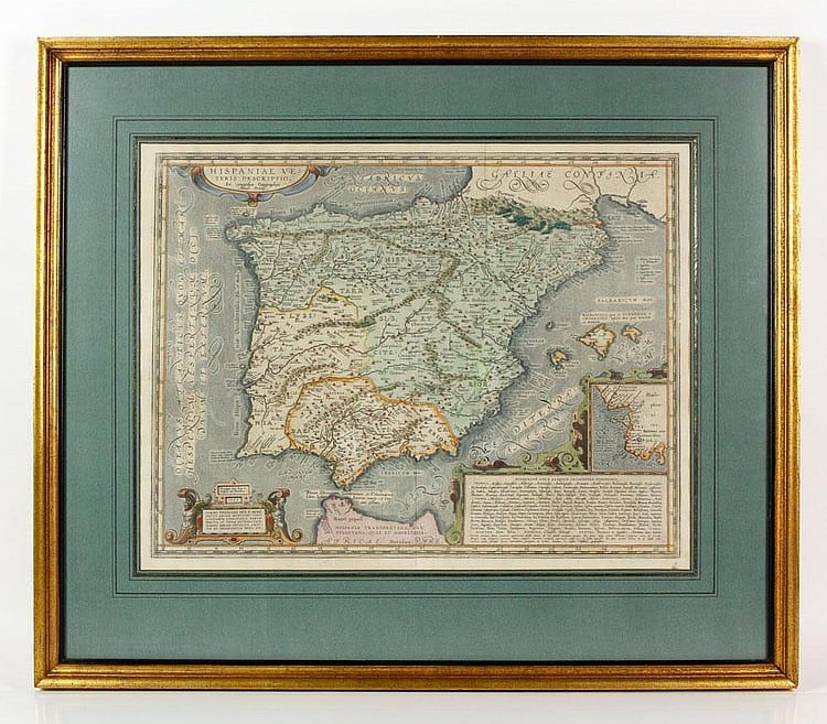 Framed vintage engraved map showing the Iberian Peninsula with coastline outlines and Latin text labels.