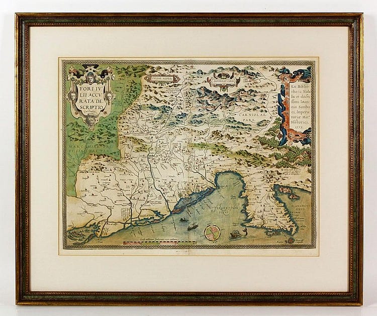 Framed engraved map print showing a European region with colored landmasses, rivers, and small figures, including coastlines and decorative labels.