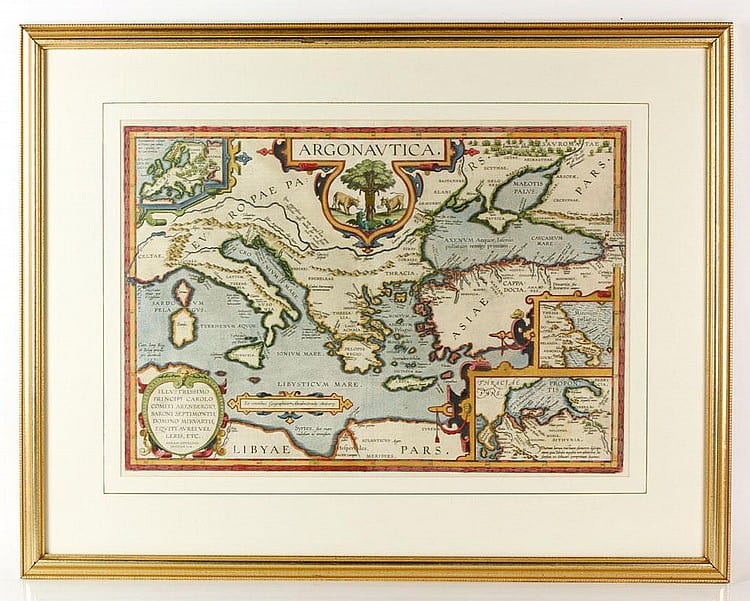 Framed antique engraved map labeled “ARGONAVTICA,” showing a Mediterranean-style coastline with islands and decorative cartography details.