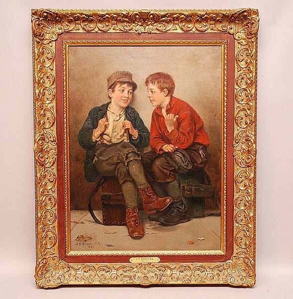 Framed oil painting showing two boys sitting and talking, one wearing a dark coat and cap and the other in a red coat, both posed beside books.