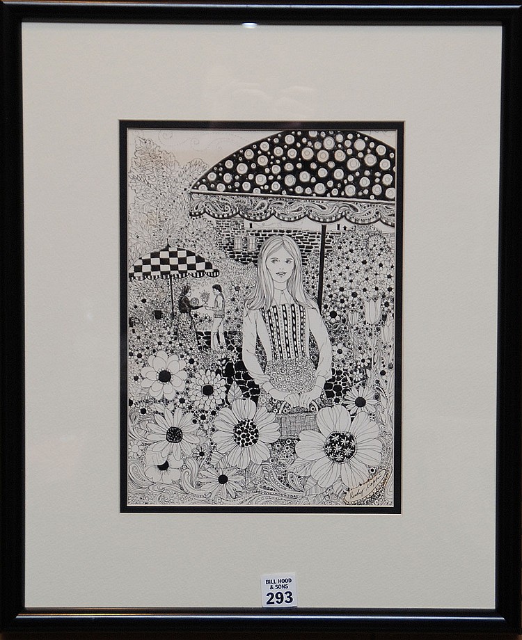 Rudy Nappi comparable auction result: rudy nappi american illustrator 1923 2014 young girl among flowers ink on board 11 x 8 signed lower right framed