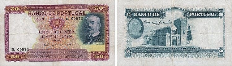 Two sides of a Portuguese 50 escudos paper banknote showing the number “50” and a portrait on the left and a building scene on the right.