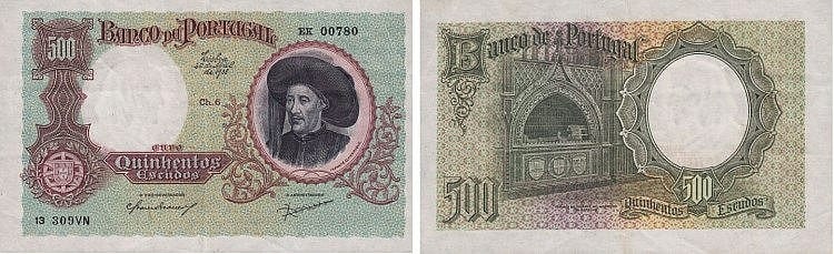 Two paper banknotes showing a portrait medallion, ornamental borders, and denomination numbers “500” and “10”.