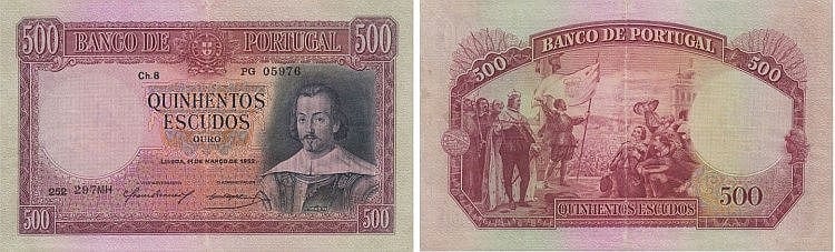 Two views of a Portuguese paper banknote labeled “BANCO DE PORTUGAL” with the denomination “500” in pink-red tones.