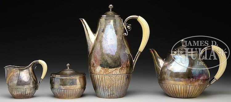 4 PIECE GEORG JENSEN "COSMOS" STERLING SILVER TEA SET. sold by James D. Julia, lot 2302 — auction record photograph