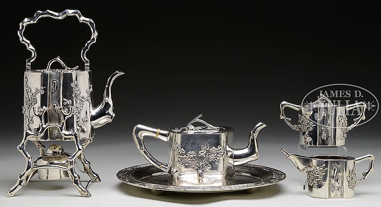 FABULOUS FIVE PIECE CHINESE STERLING SILVER TEA SET WITH ADDITIONAL SPOON. sold by James D. Julia, lot 3197 — auction record photograph