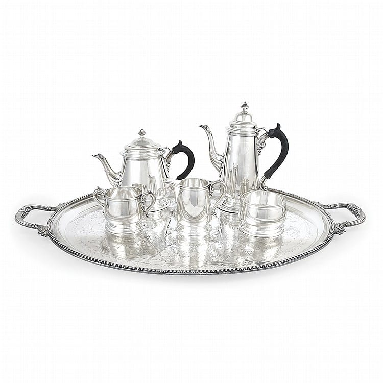 American Sterling Silver Five-Piece Tea and Coffee Service; Together with a Silver Plated Two Handled Tray sold by DOYLE Auctioneers & Appraisers, lot 306 — auction record photograph
