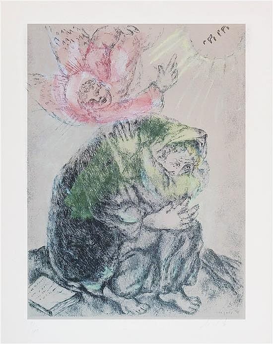 Marc Chagall 1887-1985 (Russian, French) Le prophète Isaïe sous l'inspiration divine (Isaïe LXIV 6-11) hand colored etching sold by Matsart Auctioneers & Appraisers, lot 70 — auction record photograph