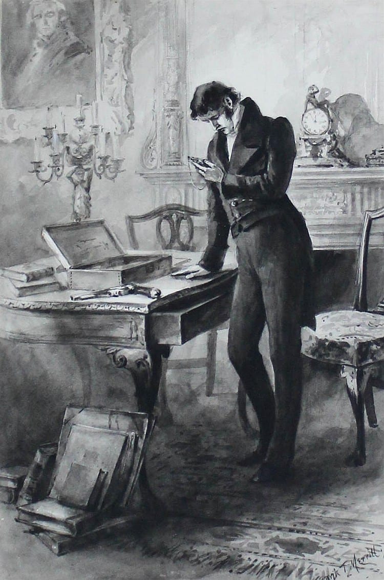 Frank T. Merrill comparable auction result: frank t merrill american 1848 gazing at a miniature grisaille watercolor 14 1 2 x 9 3 4 in sight
