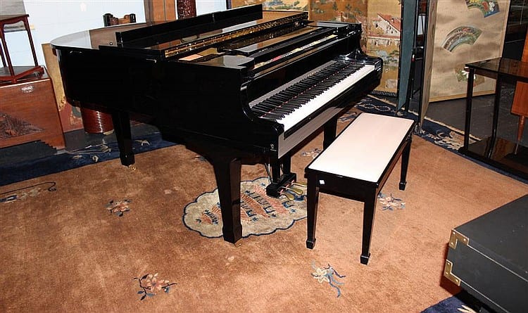 Black grand piano with lid open and keyboard visible, shown indoors on a patterned rug with a bench in front.