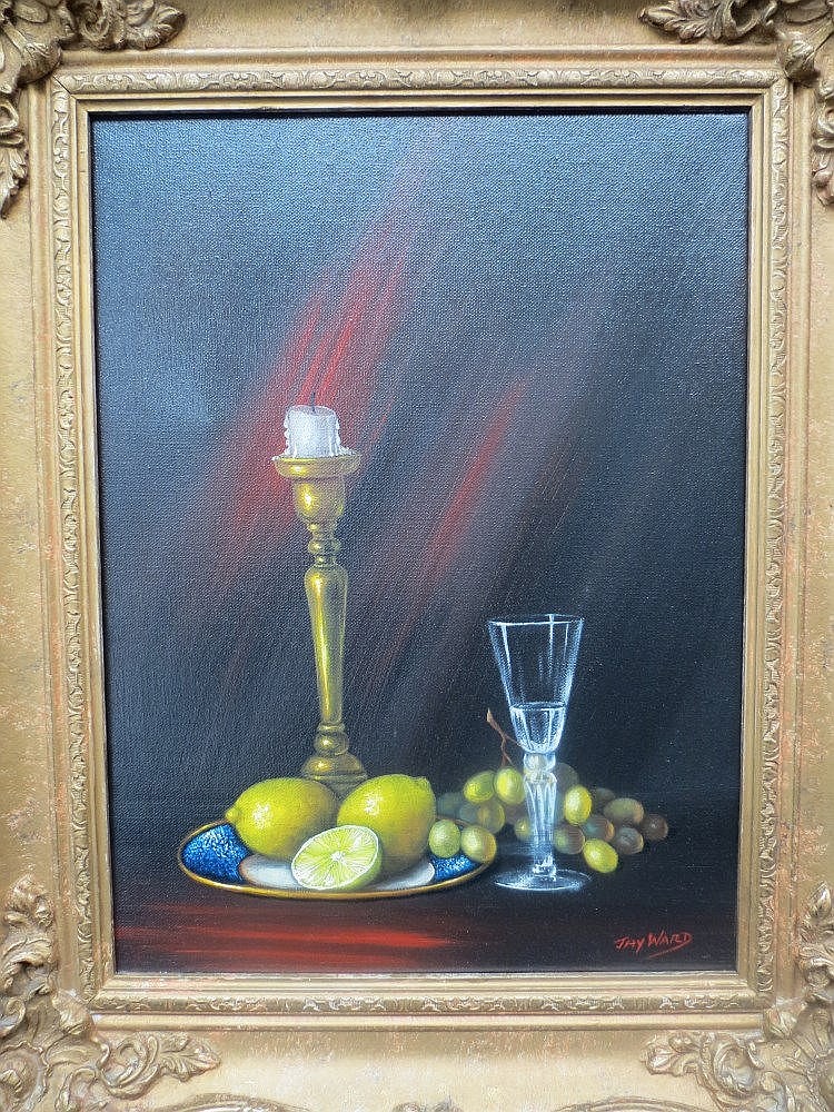 Jay Ward comparable auction result: jay ward still life of a candlestick wine glass and fruit oil on canvas 40x30cm