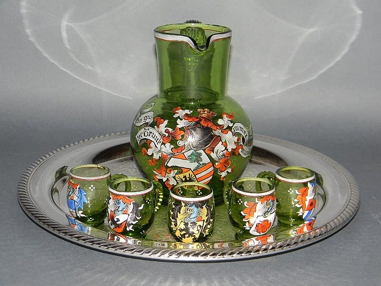GERMAN ENAMEL ARMORIAL GLASS PITCHER & CORDIALS sold by Rare-Era, lot 100A — auction record photograph