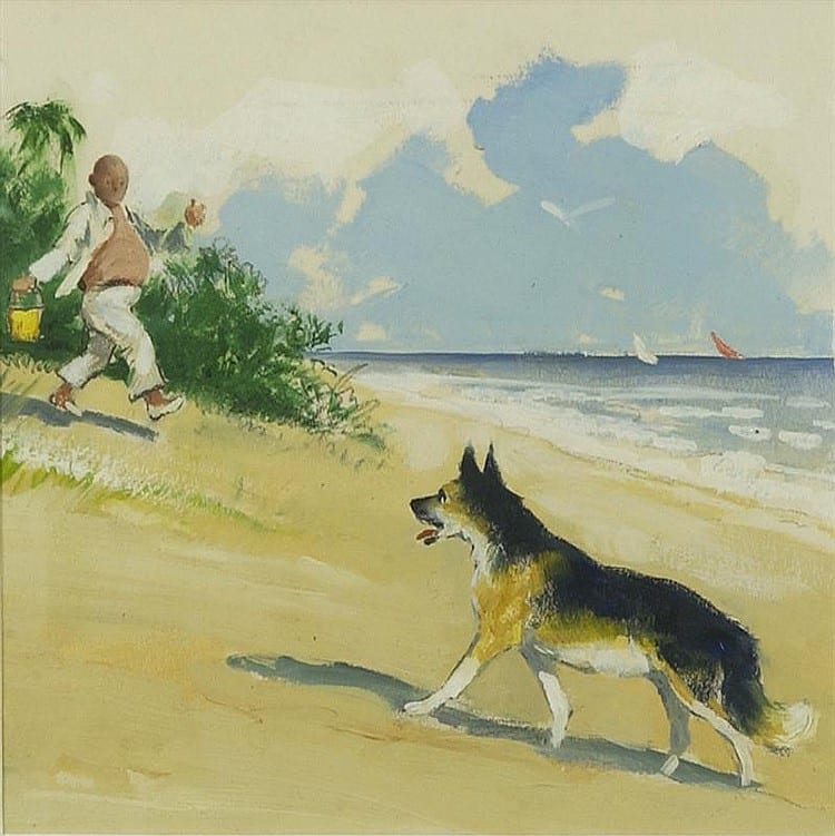 Wesley Dennis comparable auction result: wesley dennis american 1903 off to the beach watercolor on paper 6 x 6 sight framed