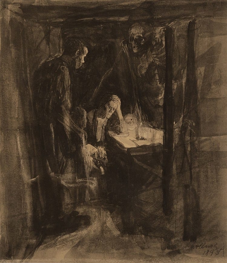 Kathe Kollwitz, German/Russian Federation (1867-1945), Interior scene, 1895, aquatint, 8 1/2 x 10 inches sold by Link Auction Galleries, lot 312 — auction record photograph