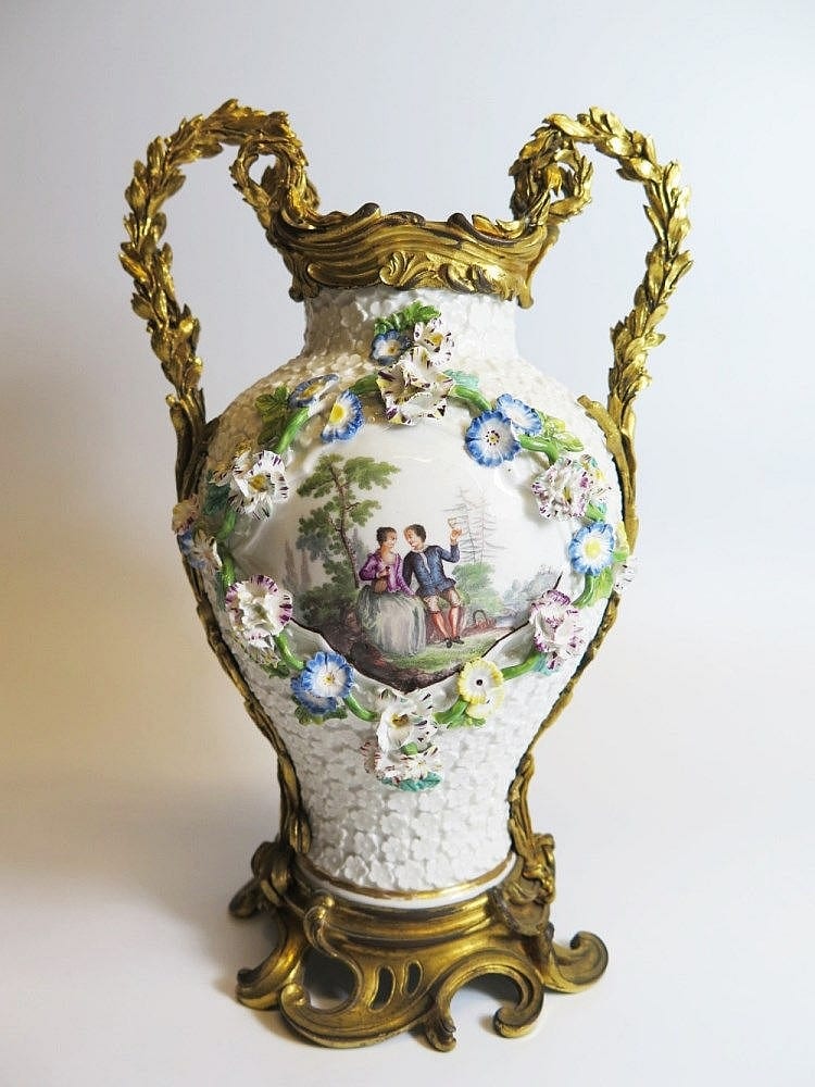 A Louis XV Ormolu Mounted Meissen 'Maiblumen' Porcelain Vase, c.1750 The baluster shaped body p sold by Piers Motley Auctions, lot 402A — auction record photograph