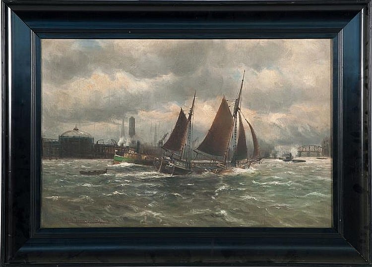 Alfred V. Jensen comparable auction result: alfred v jensen dutch 1898 1960 a tug and other boats in a busy harbor channel oil on canvas 20 75 x 31 75 framed