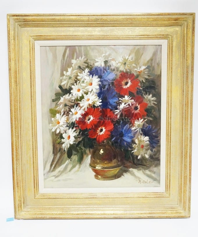 Framed still life painting of a bouquet of white and red flowers with blue blooms in a brown vase on a light background.