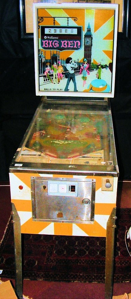 Vintage pinball machine with an open playfield and a marquee showing the word “BIG BEN.”
