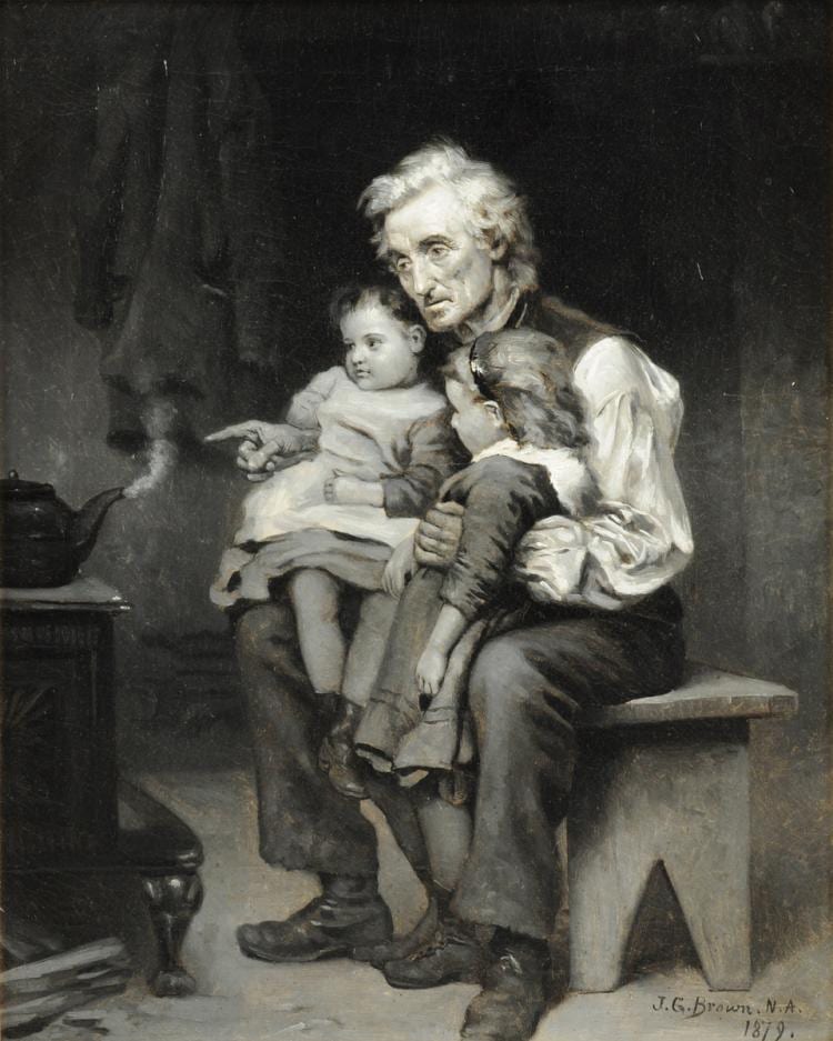 Oil painting showing an elderly man holding a child while a dog sits in front of a dark interior wall, with a tea kettle and table at left.