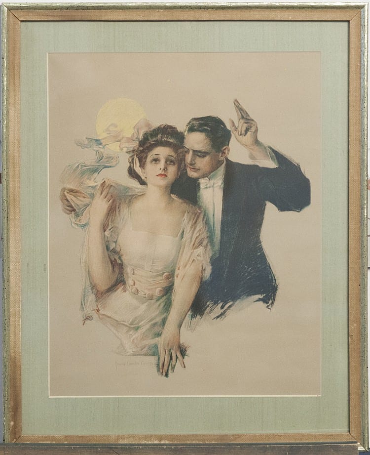 Framed vintage-style print showing a woman in a light dress and a man in a suit posing together under a moon-like glow, with a bird silhouette in the background