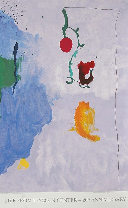 Color lithograph poster with abstract blue forms and three red and green shapes, titled "LIVE FROM LINCOLN CENTER - 20th ANNIVERSARY" at the bottom.