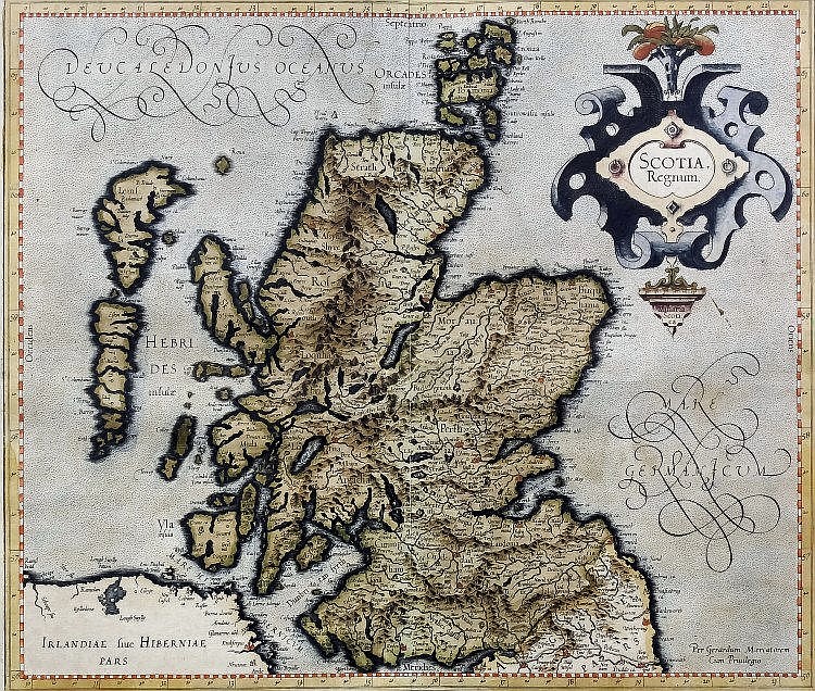 Gerardus Mercator (1512-1594) - Coloured engraved map - "Scotia Regnum", 13.75ins x 15.825ins, in gi sold by Canterbury Auction Galleries, lot 434 — auction record photograph